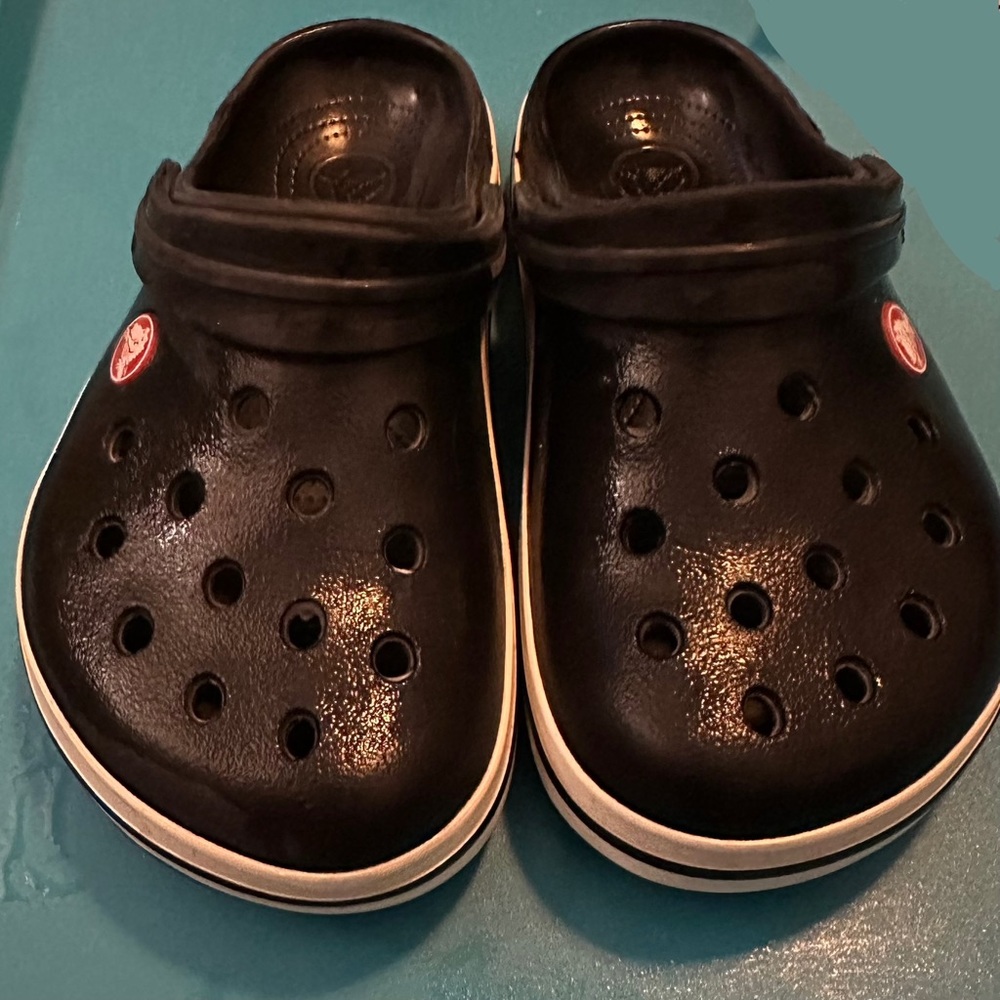 Crocs, big kids size J2 (kids 5 & up) Black with White Trim